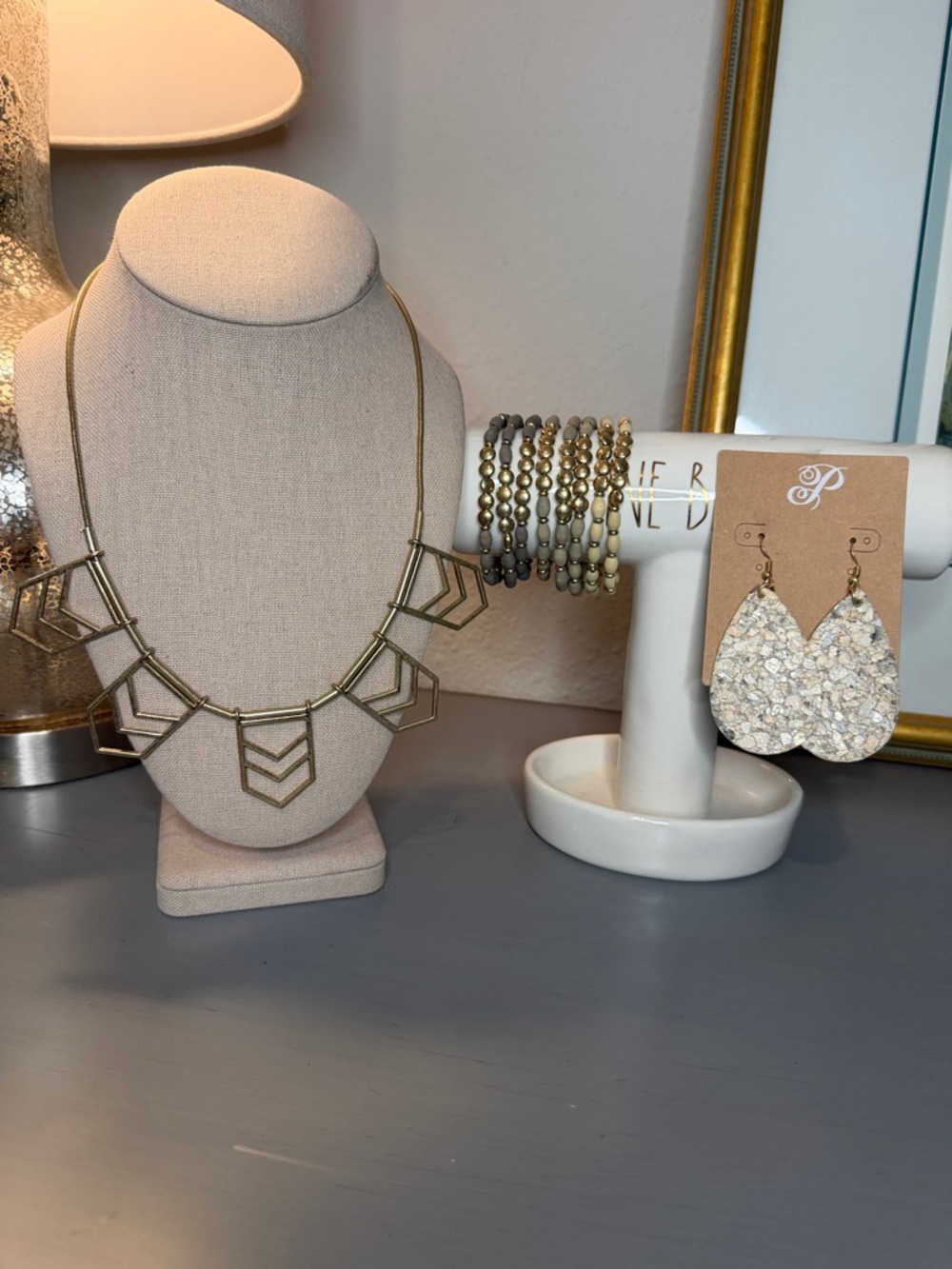 Plunder Geometric Gold Tone Statement Necklace with Earrings and Bracelets